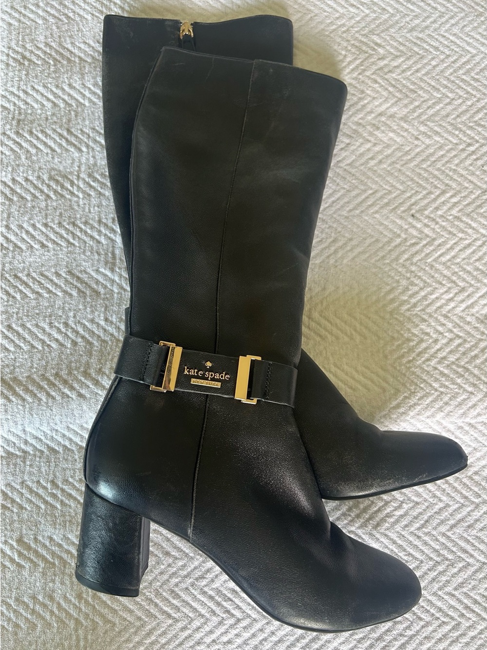 kate spade Genuine Leather Upper Heeled Boots with Gold Buckle